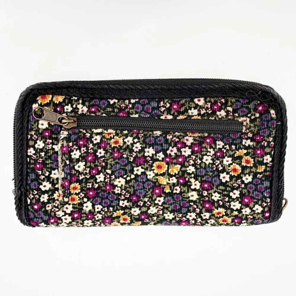 LEI Floral Zip Around Wallet Clutch Black Corduroy Organizer Boho Cottagecore